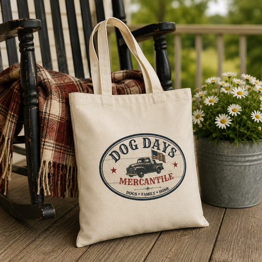 Dog Days Mercantile™ Canvas Tote Bag | Vintage Americana Dog Lover Market Tote | Dogs • Family • Home