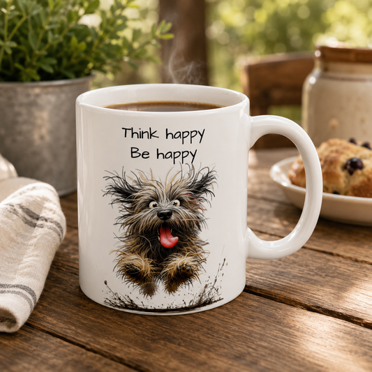 Think Happy Be Happy Mug | Inspirational Dog Coffee Mug | 11 oz Ceramic Mug