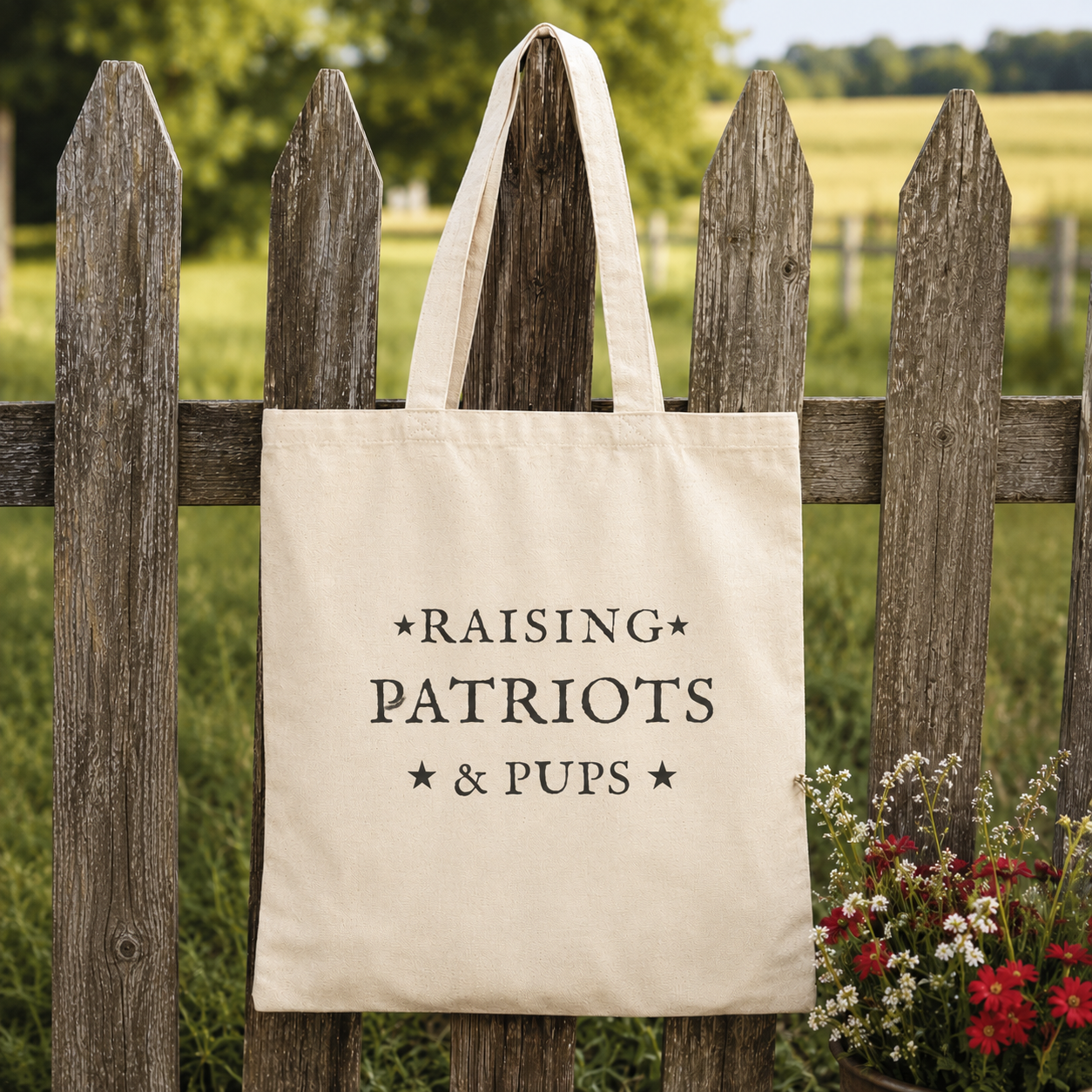 Raising Patriots & Pups Cotton Canvas Tote Bag | Americana Dog Lover Market Tote