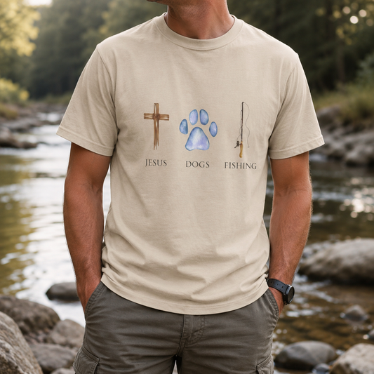 Jesus, Dogs & Fishing Gildan Unisex T-Shirt, Christian Dog Lover Shirt, Faith & Dogs Graphic Tee, Gift for Dog Moms & Dog Dads