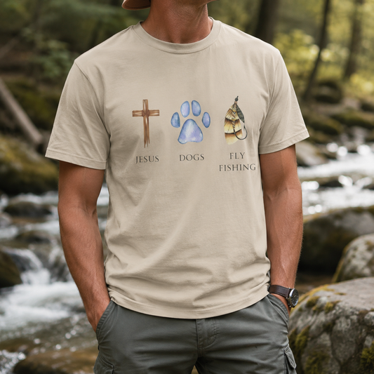 Jesus, Dogs & Fly Fishing Gildan Unisex T-Shirt, Christian Dog Lover Shirt, Faith & Dogs Graphic Tee, Gift for Dog Moms & Dog Dads