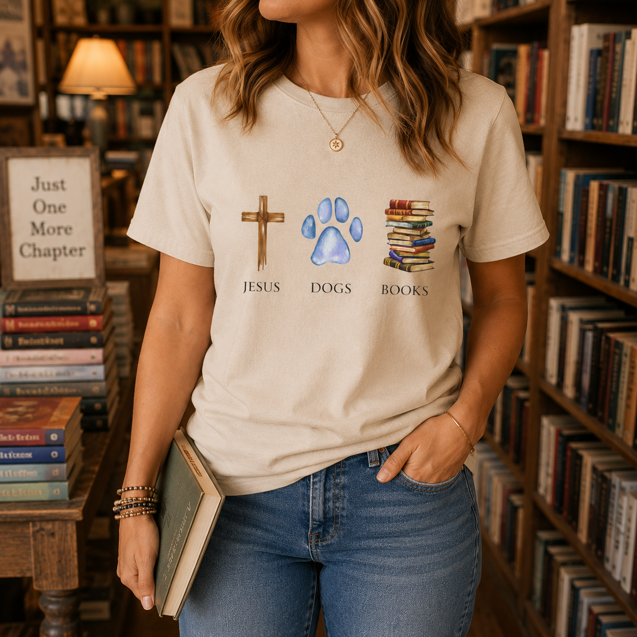 Jesus, Dogs & Books Gildan Unisex T-Shirt | Christian Dog Lover Shirt | Faith & Dogs Graphic Tee | Gift for Dog Moms & Dog Dads