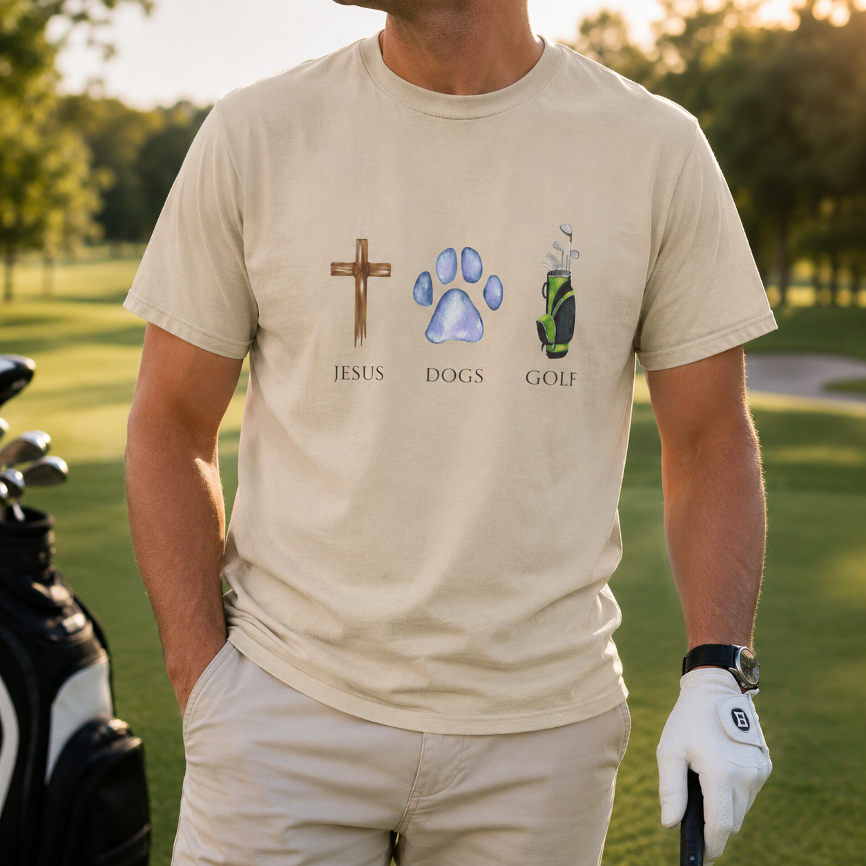 Jesus, Dogs & Golf Gildan Unisex T-Shirt, Christian Dog Lover Shirt, Faith & Dogs Graphic Tee, Gift for Dog Moms & Dog Dads