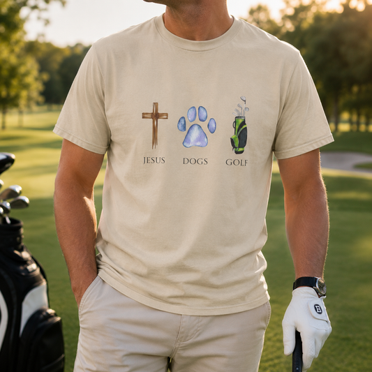 Jesus, Dogs & Golf Gildan Unisex T-Shirt, Christian Dog Lover Shirt, Faith & Dogs Graphic Tee, Gift for Dog Moms & Dog Dads