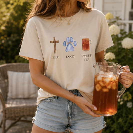 Jesus, Dogs & Sweet Tea Gildan Unisex T-Shirt, Christian Dog Lover Shirt, Faith & Dogs Graphic Tee, Gift for Dog Moms & Dog Dads