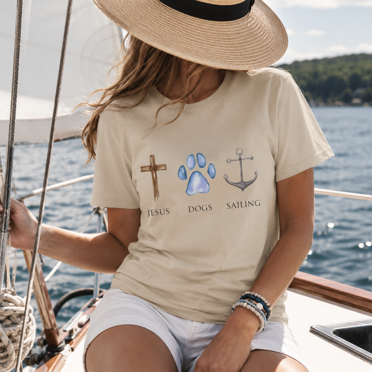 Jesus, Dogs & Sailing Gildan Unisex T-Shirt, Christian Dog Lover Shirt, Faith & Dogs Graphic Tee, Gift for Dog Moms & Dog Dads