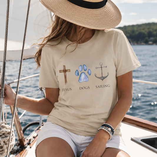 Jesus, Dogs & Sailing Gildan Unisex T-Shirt, Christian Dog Lover Shirt, Faith & Dogs Graphic Tee, Gift for Dog Moms & Dog Dads