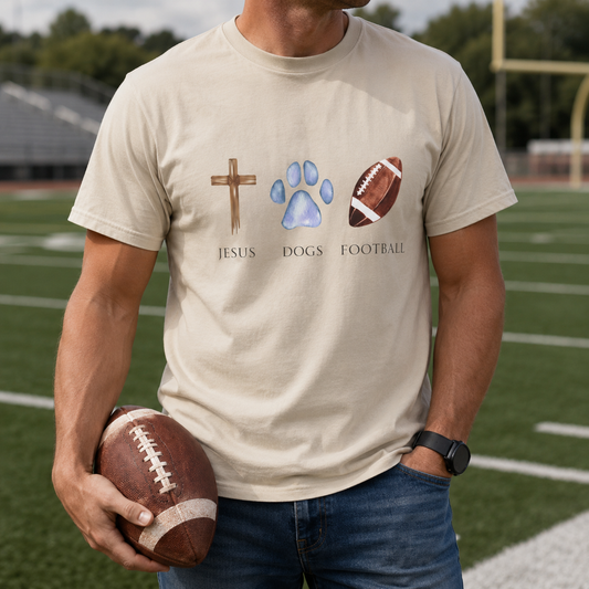 Jesus, Dogs & Football Gildan Unisex T-Shirt, Christian Dog Lover Shirt, Faith & Dogs Graphic Tee, Gift for Dog Moms & Dog Dads