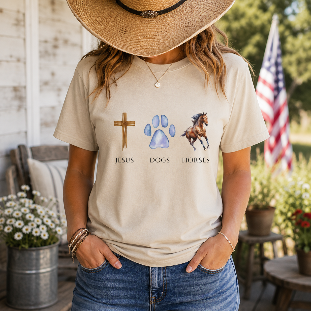 Jesus, Dogs & Horses Gildan Unisex T-Shirt, Christian Dog Lover Shirt, Faith & Dogs Graphic Tee, Gift for Dog Moms & Dog Dads