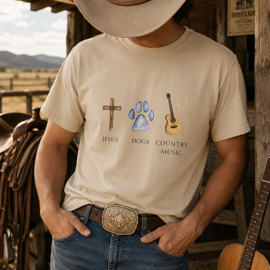 Jesus, Dogs, & Country Music, Gildan Unisex T-Shirt, Christian Dog Lover Shirt, Faith & Dogs Graphic Tee, Gifts for Dog Moms & Dog Dads