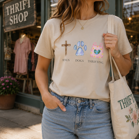 Jesus, Dogs & Thrifting Gildan Unisex T-Shirt, Christian Dog Lover Shirt, Faith & Dogs Graphic Tee, Gift for Dog Moms & Dog Dads