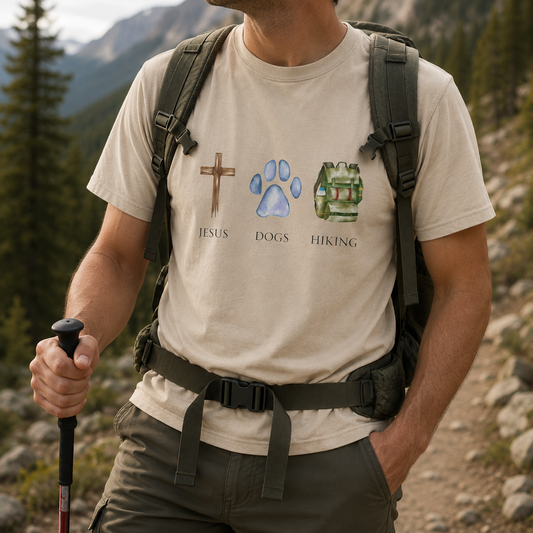 Jesus, Dogs & Hiking Gildan Unisex T-Shirt | Christian Dog Lover Shirt | Faith & Dogs Graphic Tee | Gift for Dog Moms & Dog Dads