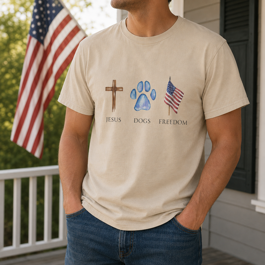 Jesus, Dogs & Freedom Gildan Unisex T-Shirt, Christian Dog Lover Shirt, Faith & Dogs Graphic Tee, Gift for Dog Moms & Dog Dads