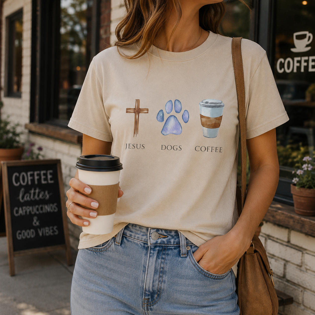 Jesus, Dogs & Coffee Gildan Unisex T-Shirt, Christian Dog Lover Shirt, Faith & Dogs Graphic Tee, Gift for Dog Moms & Dog Dads
