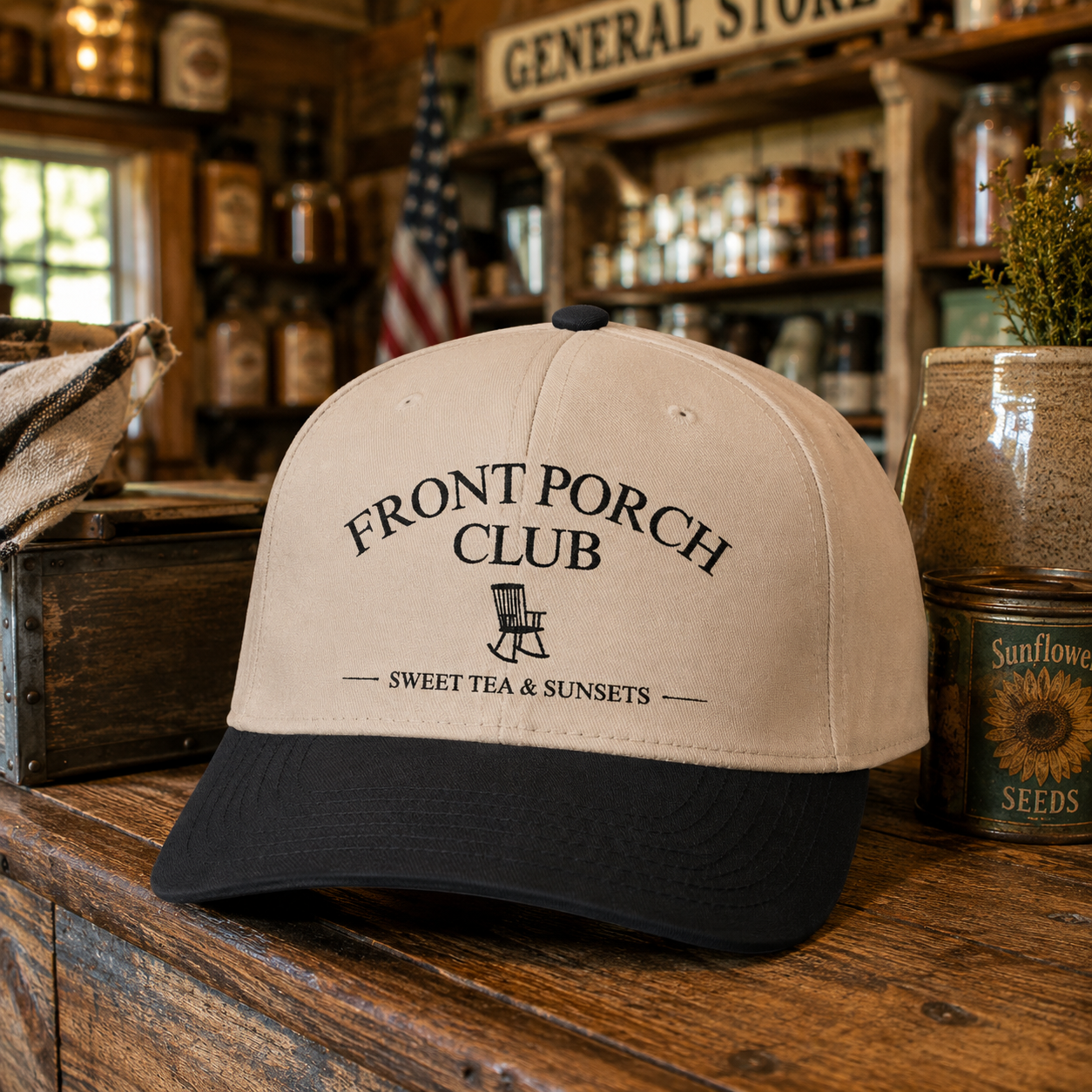 Front Porch Club – Sweet Tea & Sunsets Embroidered Trucker Hat | Vintage Country Baseball Cap