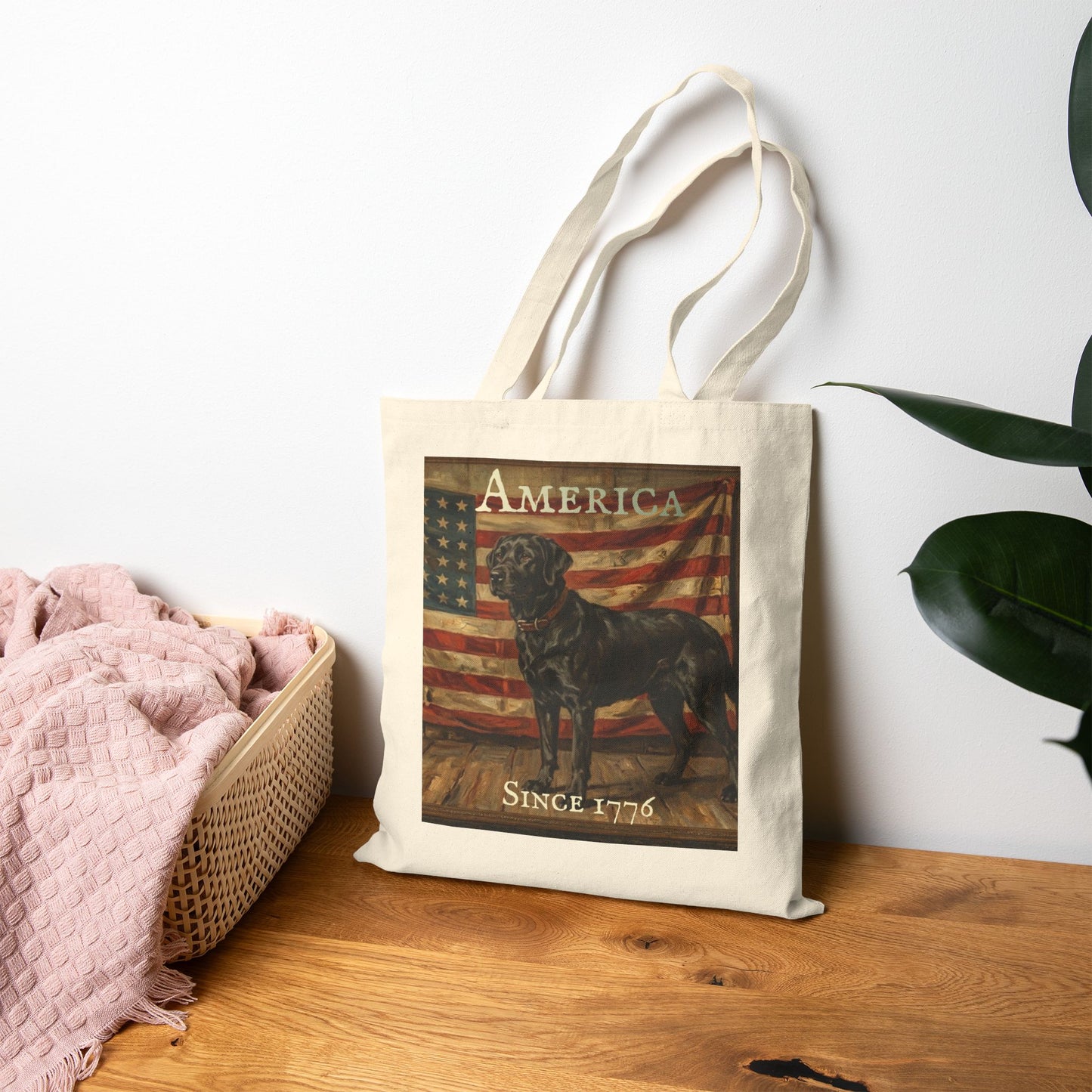 Tote Bag - 'America Since 1776' Patriotic American Flag & Dog Canvas Tote - Black Labrador Retriever