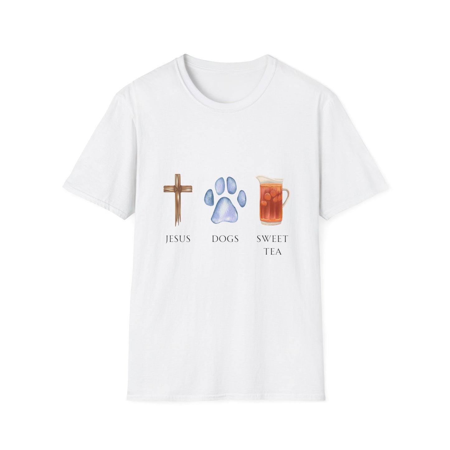 Jesus, Dogs & Sweet Tea Gildan Unisex T-Shirt, Christian Dog Lover Shirt, Faith & Dogs Graphic Tee, Gift for Dog Moms & Dog Dads