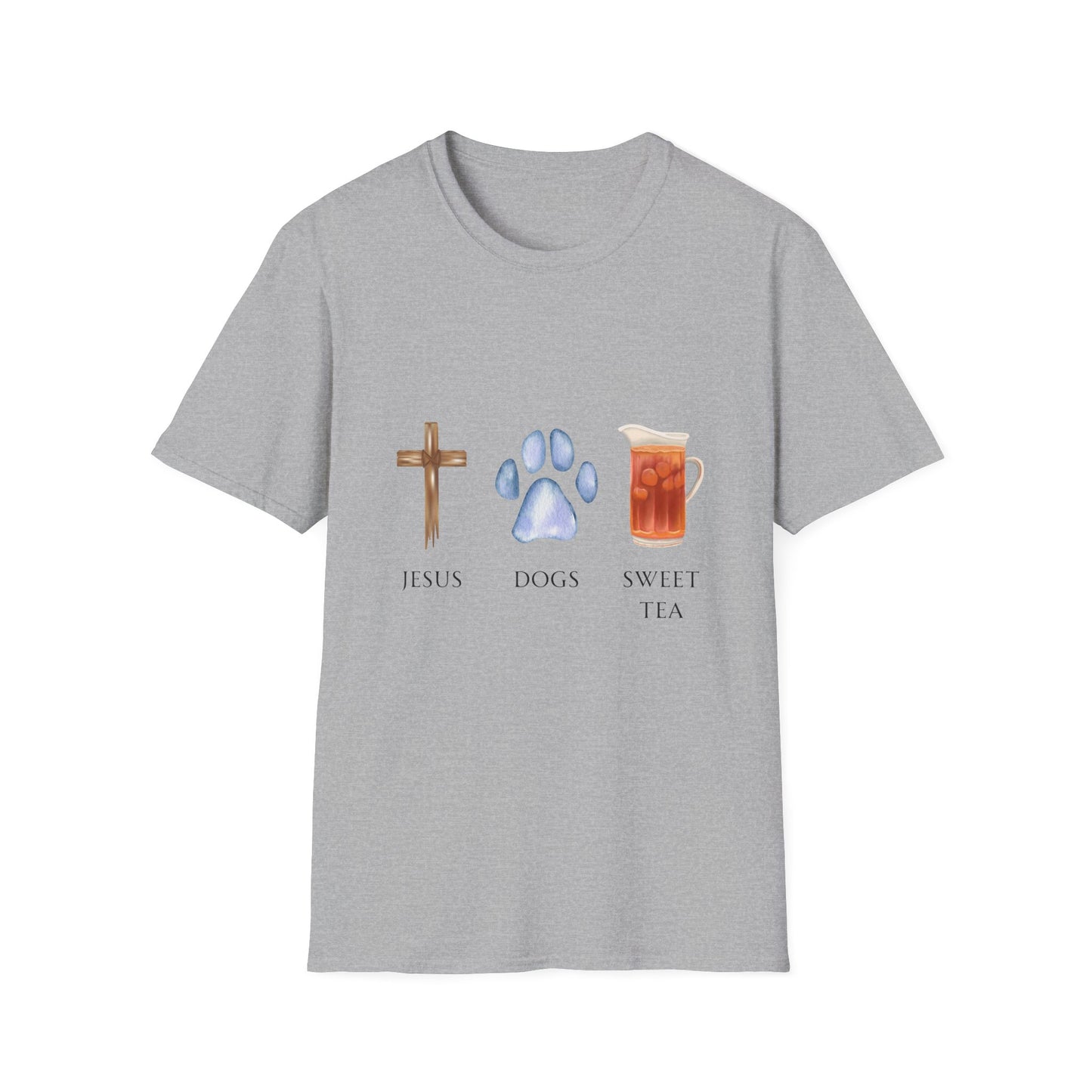 Jesus, Dogs & Sweet Tea Gildan Unisex T-Shirt, Christian Dog Lover Shirt, Faith & Dogs Graphic Tee, Gift for Dog Moms & Dog Dads