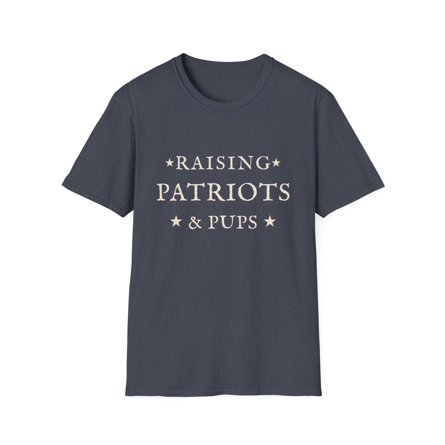 Raising Patriots & Pups Gildan Unisex T-Shirt | Patriotic Dog Lover Graphic Tee in Heather Blue