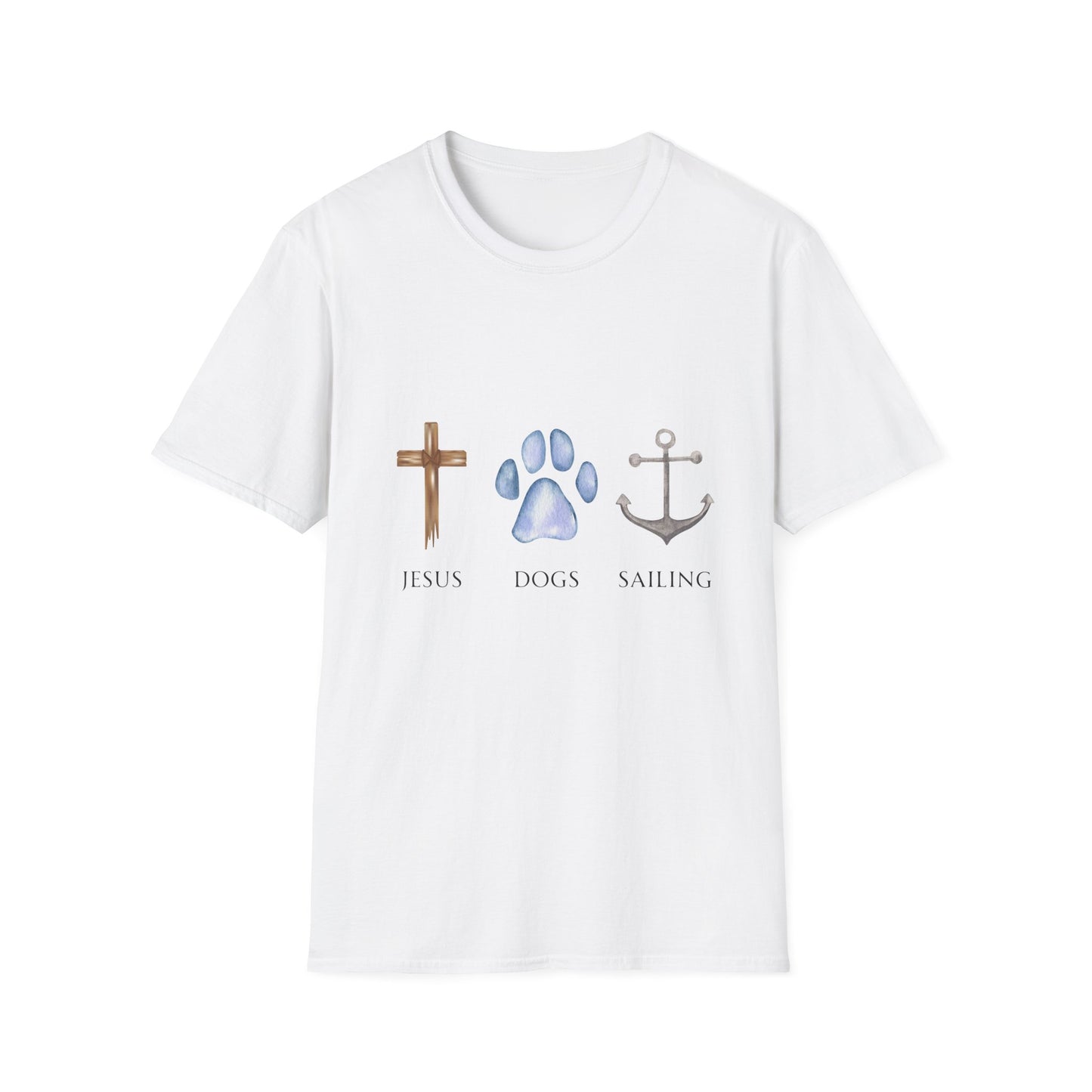 Jesus, Dogs & Sailing Gildan Unisex T-Shirt, Christian Dog Lover Shirt, Faith & Dogs Graphic Tee, Gift for Dog Moms & Dog Dads