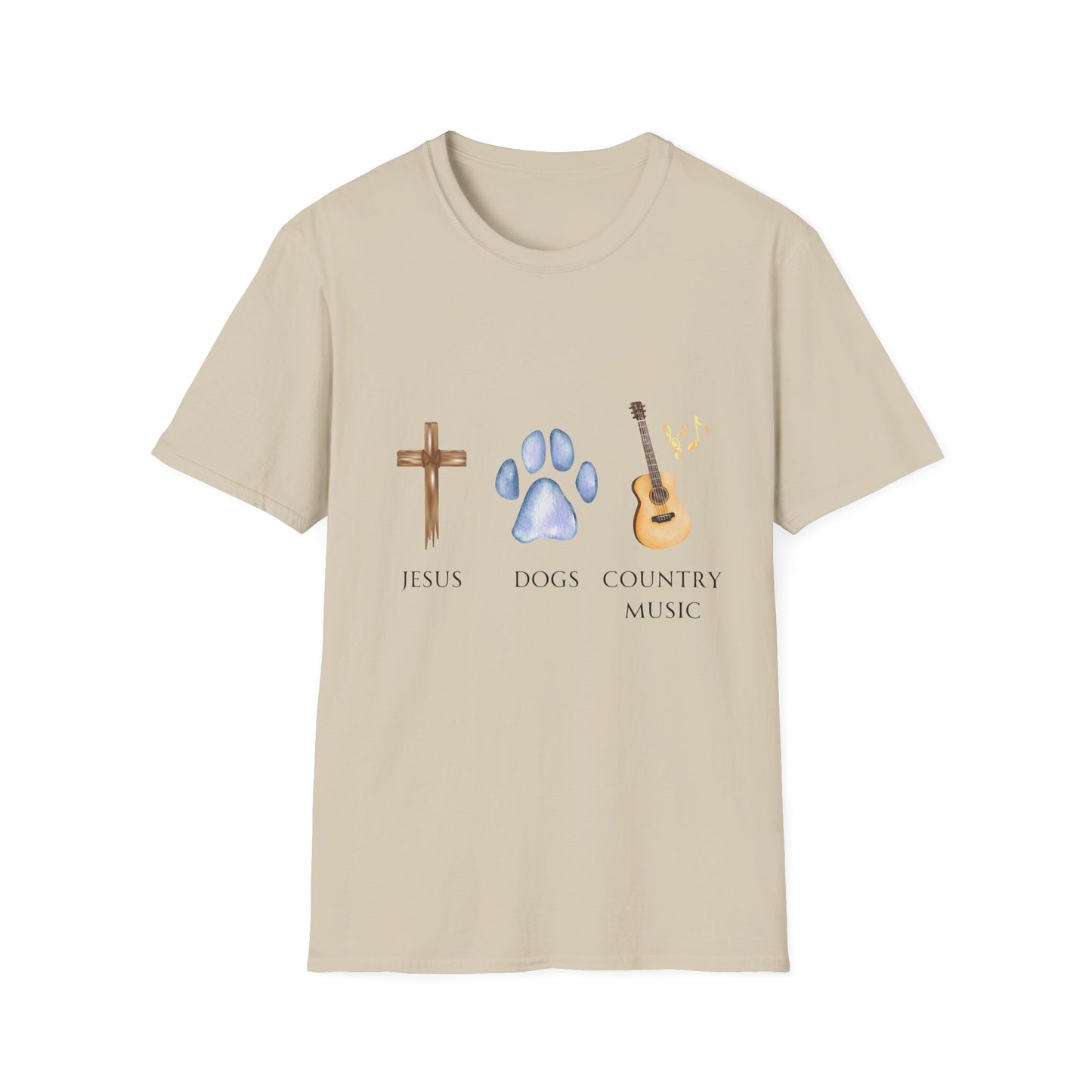 Jesus, Dogs, & Country Music, Gildan Unisex T-Shirt, Christian Dog Lover Shirt, Faith & Dogs Graphic Tee, Gifts for Dog Moms & Dog Dads