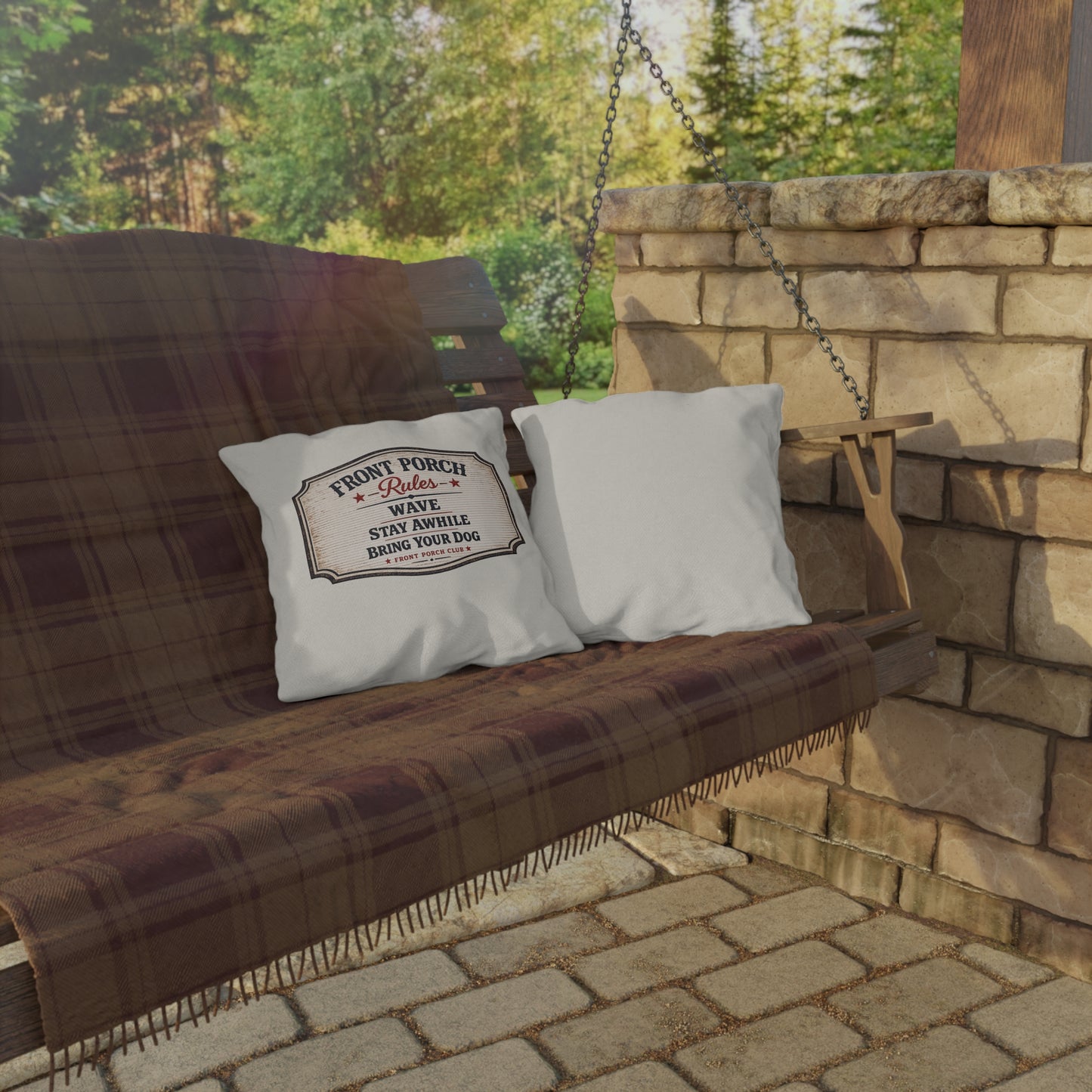 Porch Rules Outdoor Throw Pillow | 16x16 Farmhouse Porch Pillow | Front Porch Club™ | Dog Days Mercantile