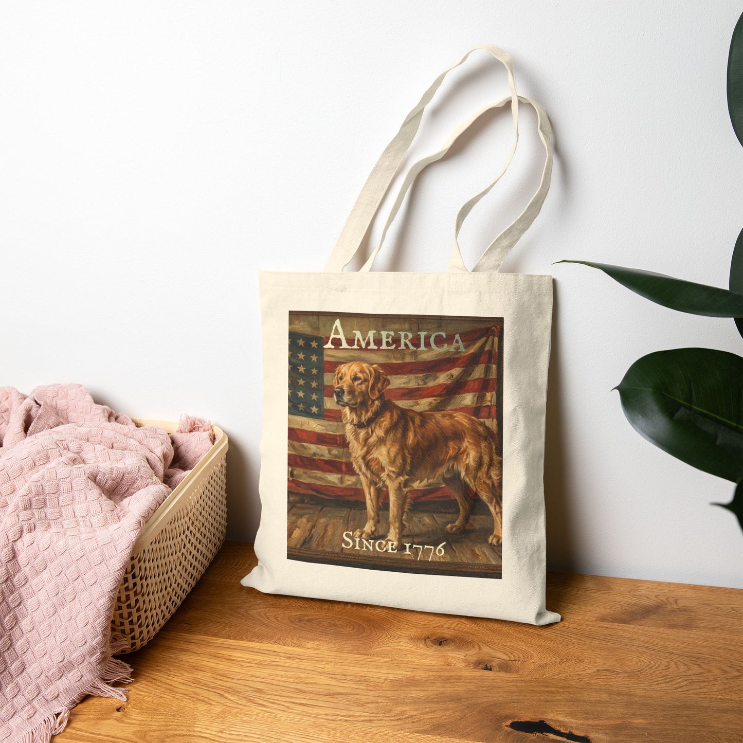 Tote Bag - 'America Since 1776' Patriotic American Flag & Dog Canvas Tote - Golden Retriever