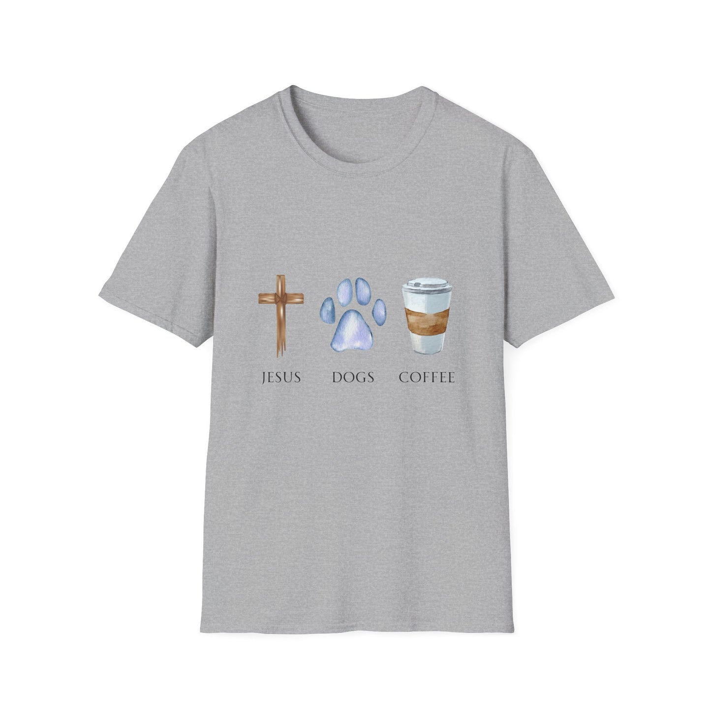 Jesus, Dogs & Coffee Gildan Unisex T-Shirt, Christian Dog Lover Shirt, Faith & Dogs Graphic Tee, Gift for Dog Moms & Dog Dads