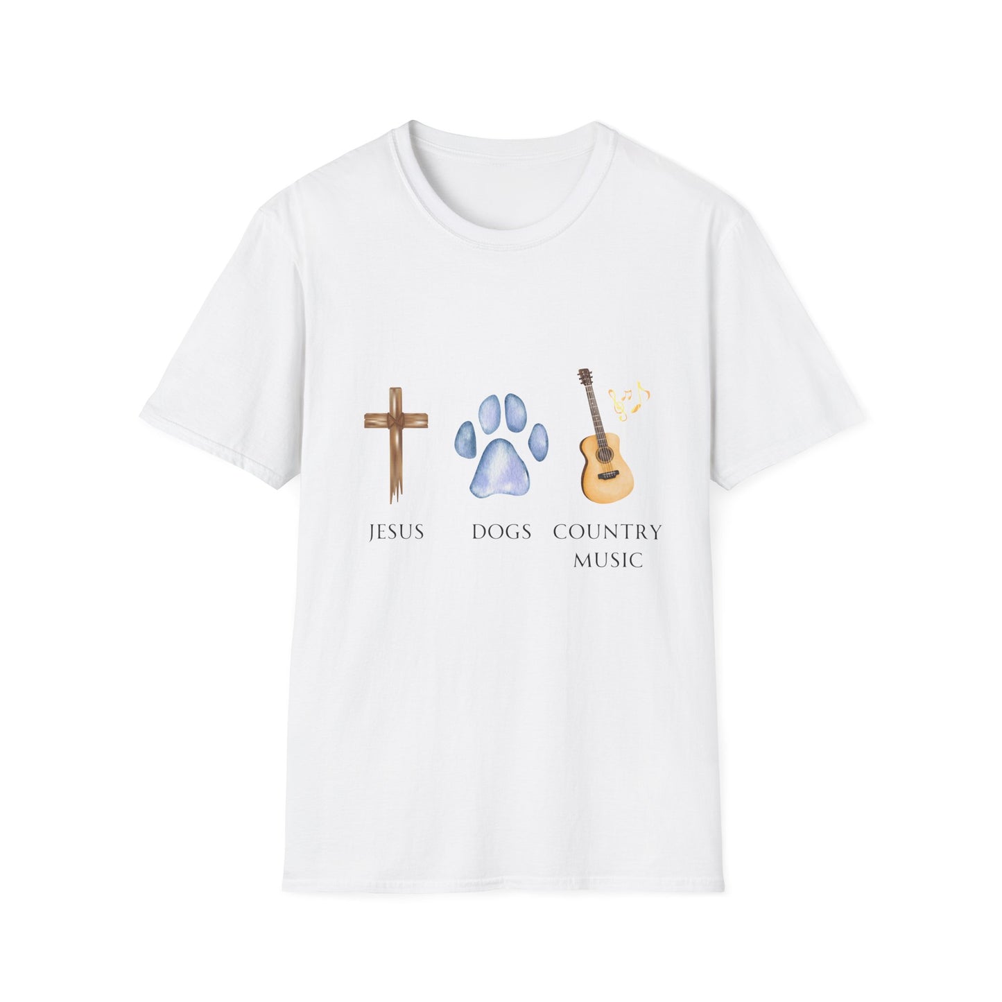 Jesus, Dogs, & Country Music, Gildan Unisex T-Shirt, Christian Dog Lover Shirt, Faith & Dogs Graphic Tee, Gifts for Dog Moms & Dog Dads