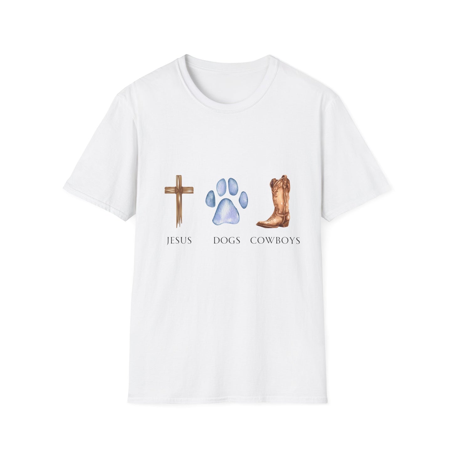 Jesus, Dogs & Cowboys Gildan Unisex T-Shirt, Christian Dog Lover Shirt, Faith & Dogs Graphic Tee, Gift for Dog Moms & Dog Dads