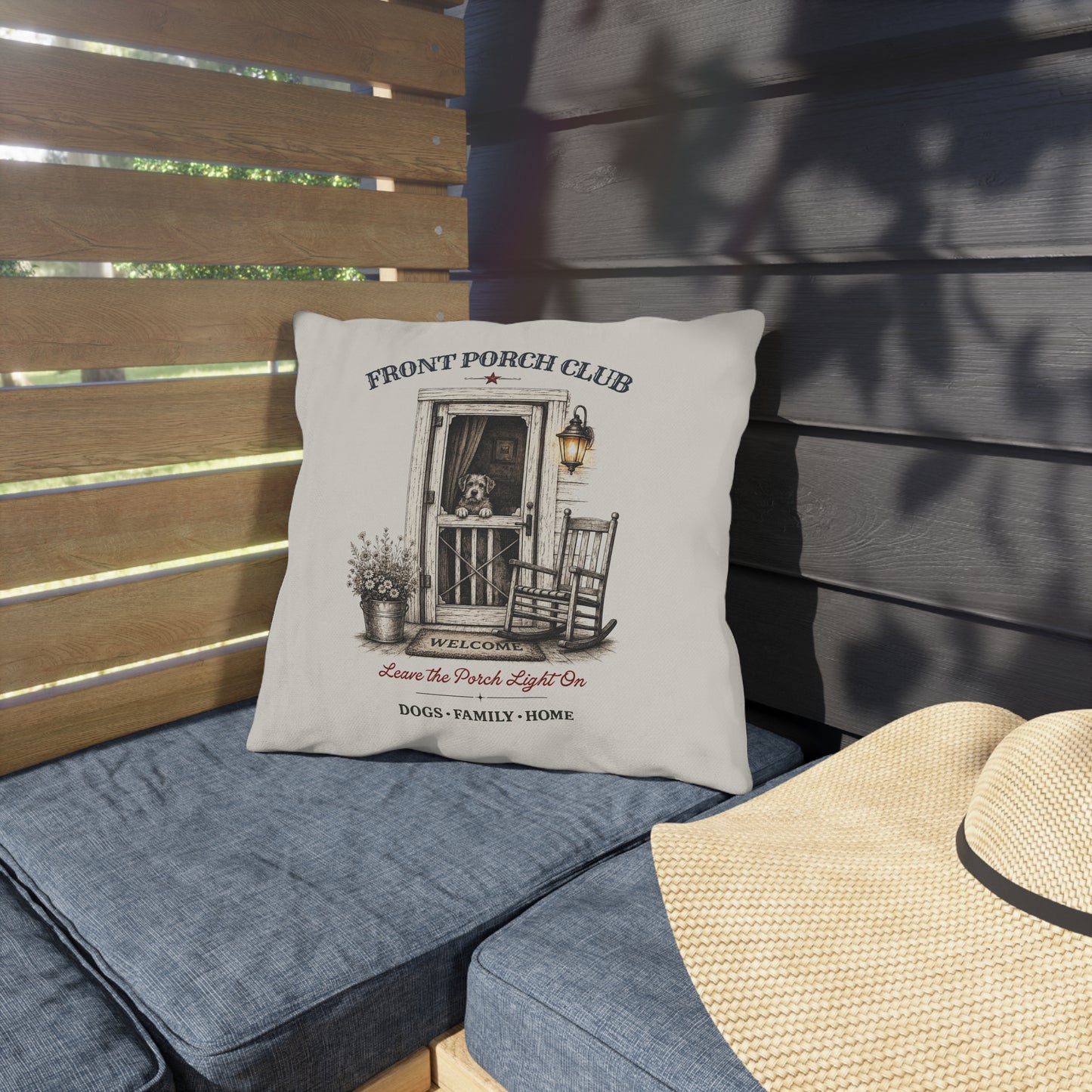 Leave The Porch Light On Outdoor Throw Pillow | 16x16 Farmhouse Porch Pillow | Front Porch Club™ | Dog Days Mercantile