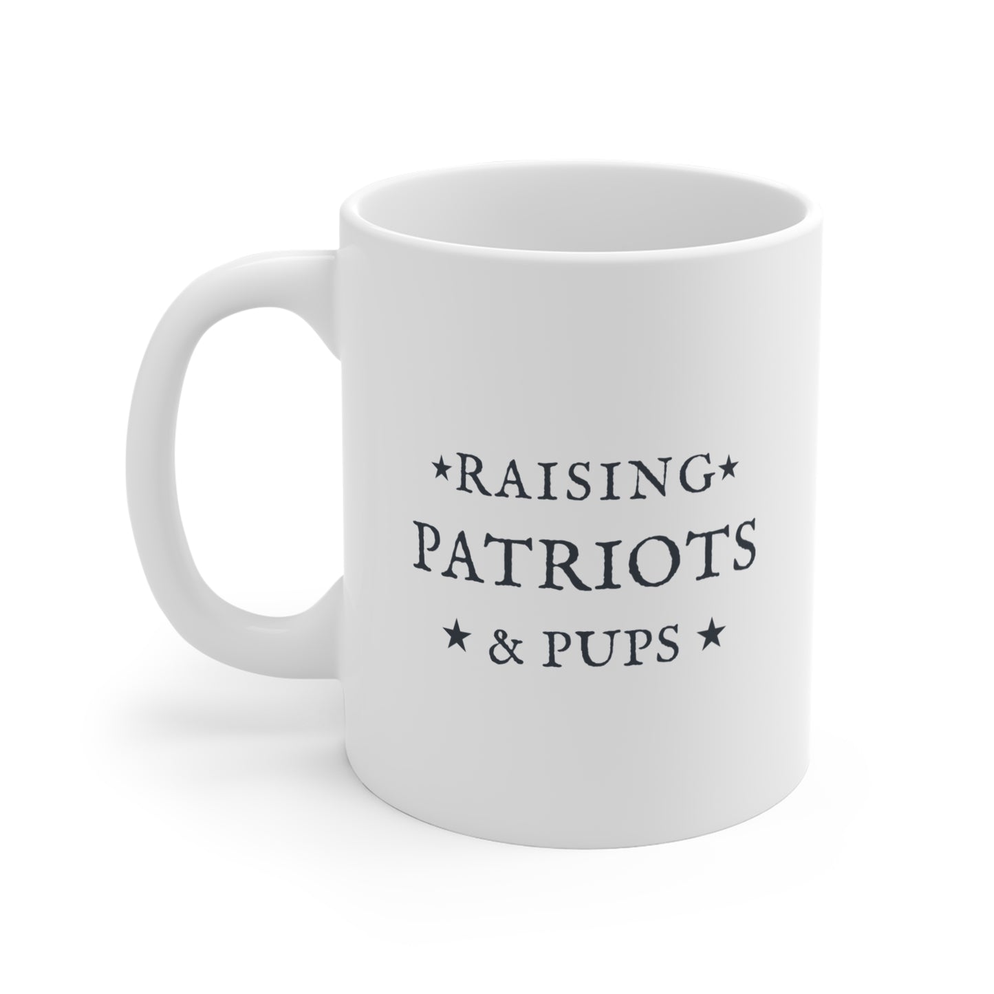 Raising Patriots & Pups 11 oz Double-Sided Ceramic Coffee Mug | Patriotic Dog Lover Gift | Americana Coffee Cup