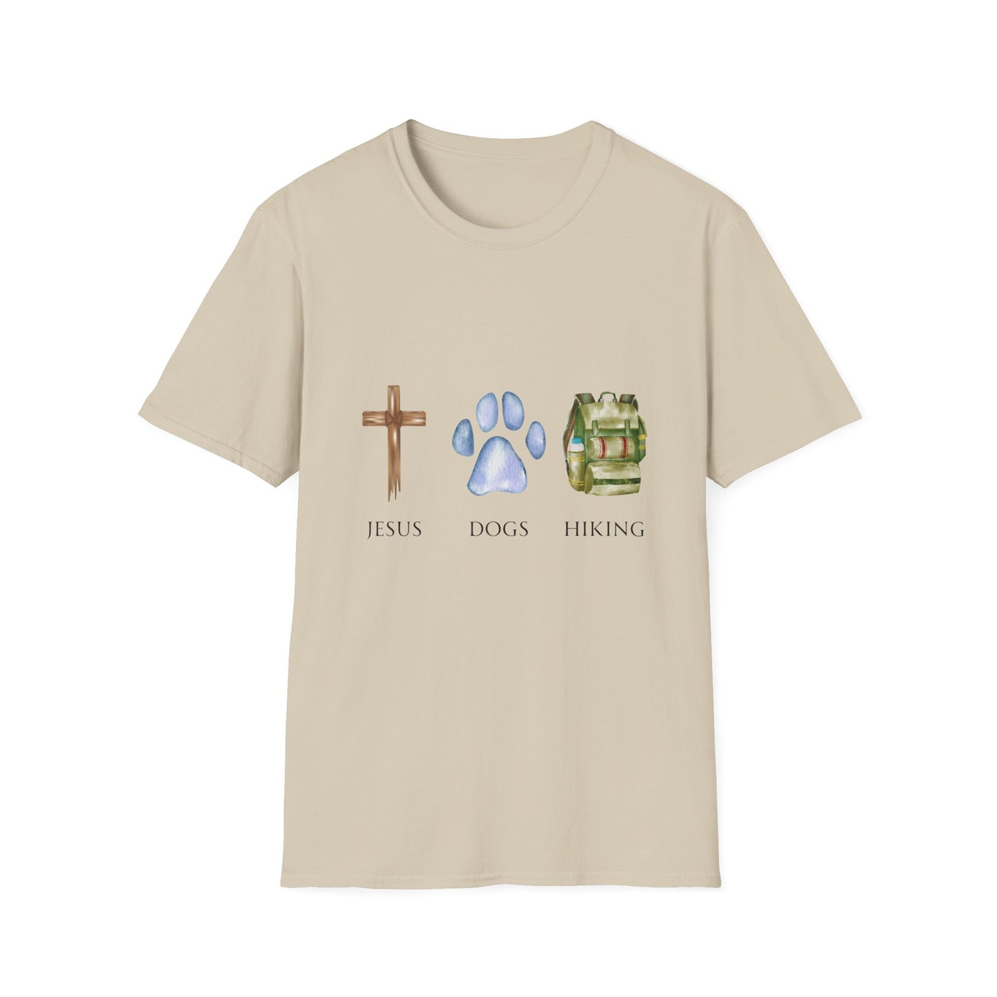 Jesus, Dogs & Hiking Gildan Unisex T-Shirt | Christian Dog Lover Shirt | Faith & Dogs Graphic Tee | Gift for Dog Moms & Dog Dads