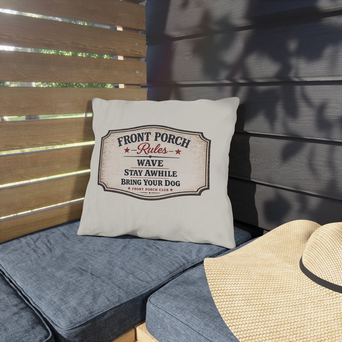 Porch Rules Outdoor Throw Pillow | 16x16 Farmhouse Porch Pillow | Front Porch Club™ | Dog Days Mercantile