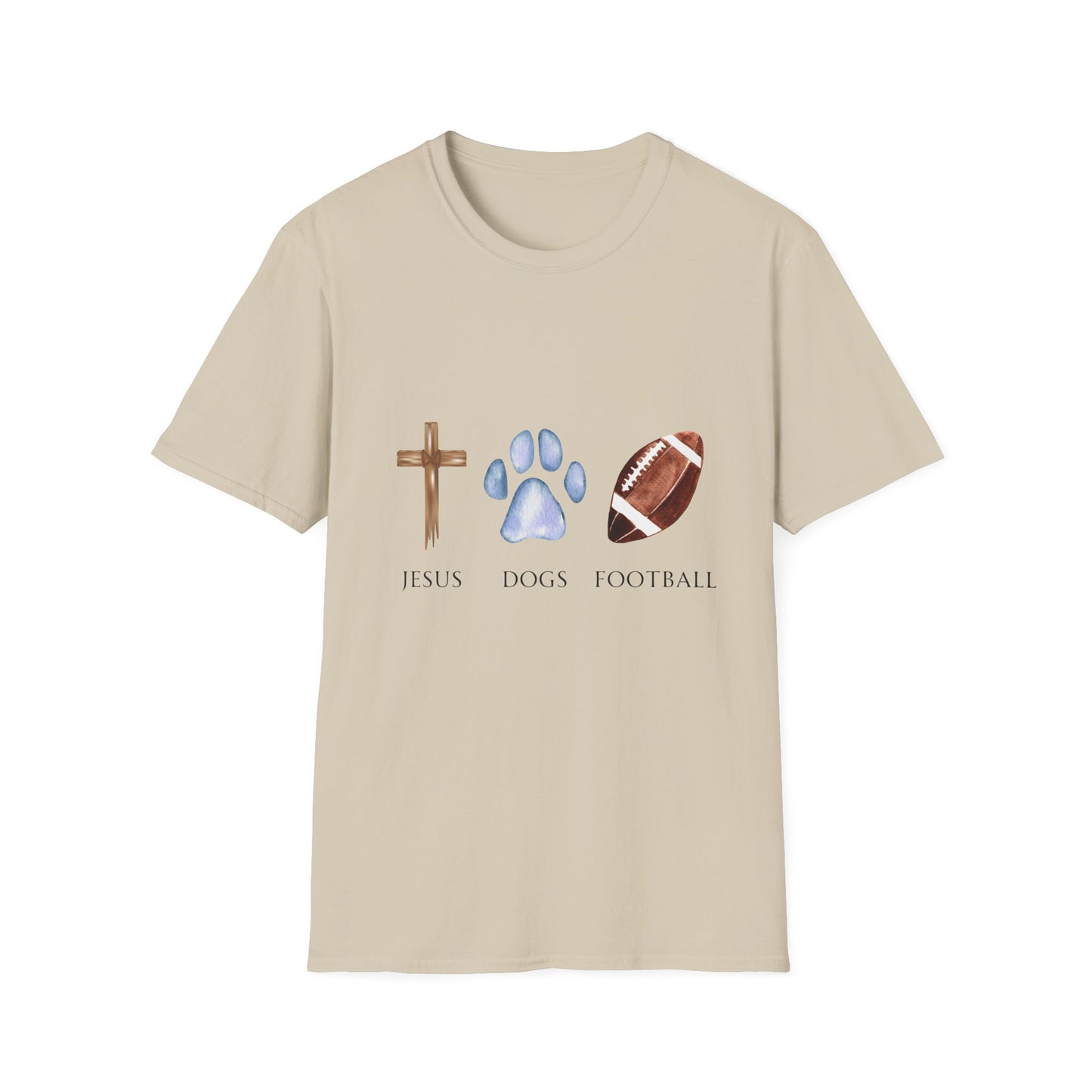 Jesus, Dogs & Football Gildan Unisex T-Shirt, Christian Dog Lover Shirt, Faith & Dogs Graphic Tee, Gift for Dog Moms & Dog Dads
