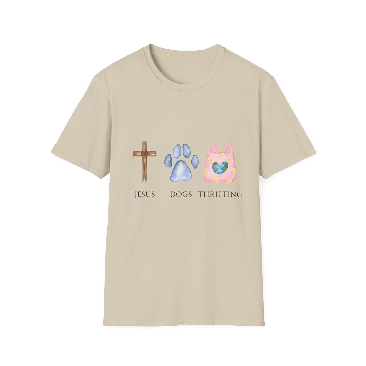 Jesus, Dogs & Thrifting Gildan Unisex T-Shirt, Christian Dog Lover Shirt, Faith & Dogs Graphic Tee, Gift for Dog Moms & Dog Dads
