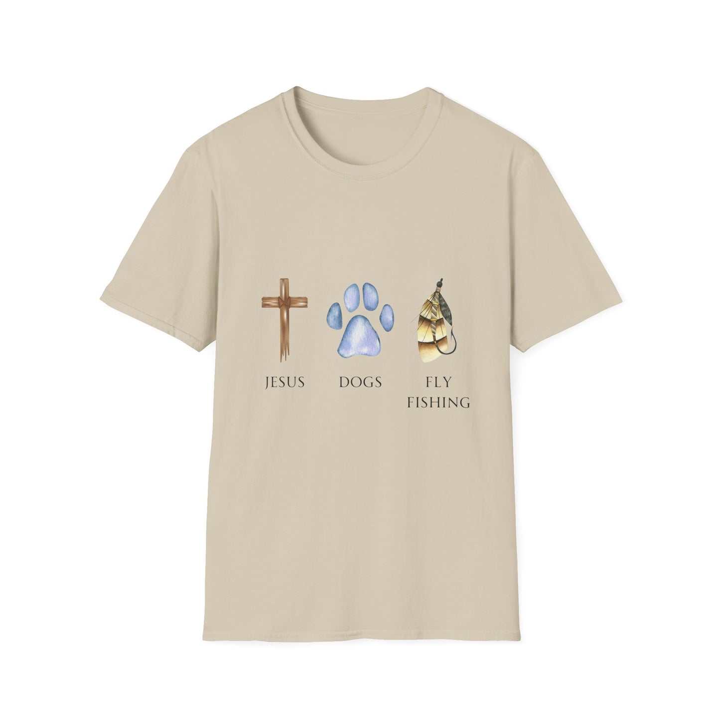 Jesus, Dogs & Fly Fishing Gildan Unisex T-Shirt, Christian Dog Lover Shirt, Faith & Dogs Graphic Tee, Gift for Dog Moms & Dog Dads