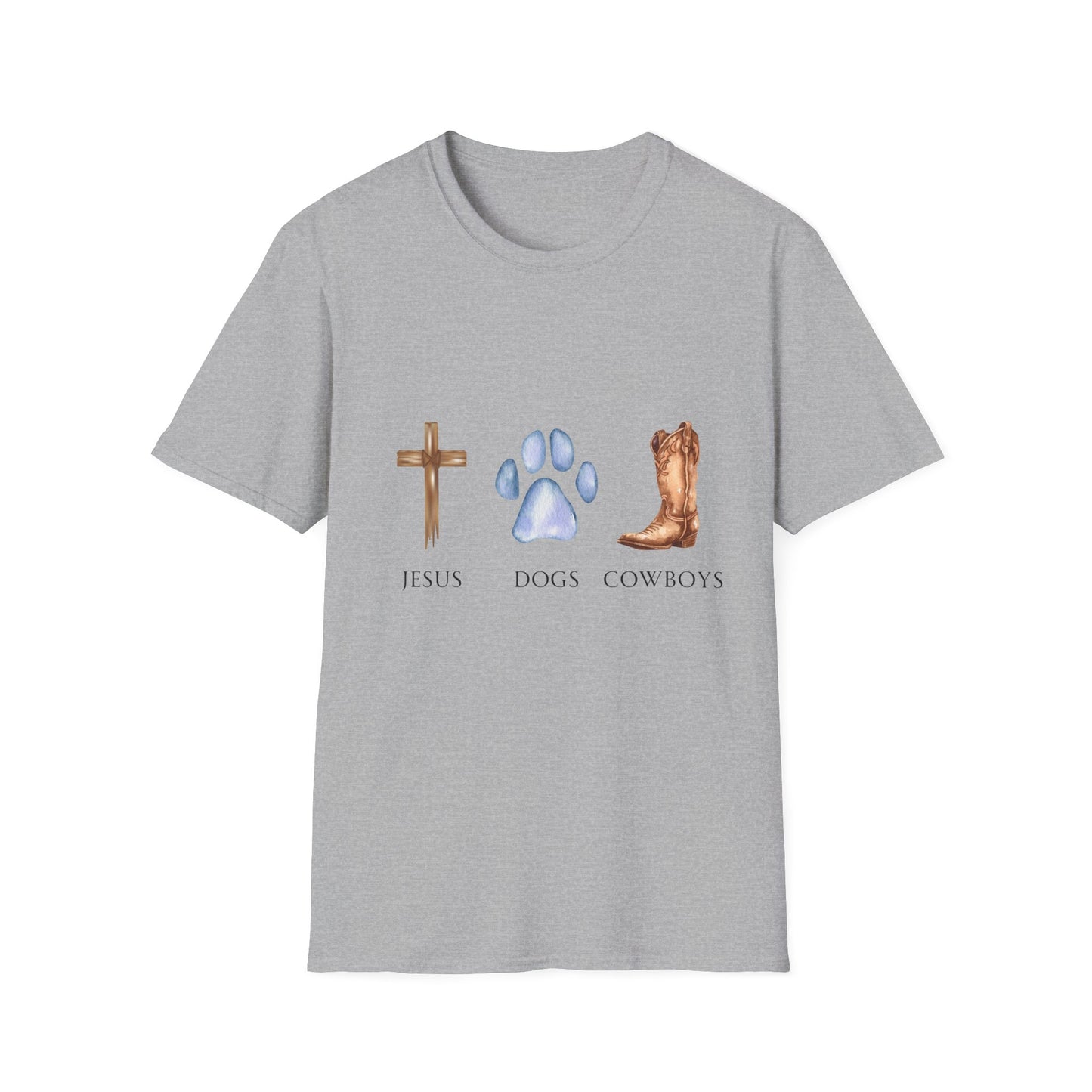 Jesus, Dogs & Cowboys Gildan Unisex T-Shirt, Christian Dog Lover Shirt, Faith & Dogs Graphic Tee, Gift for Dog Moms & Dog Dads