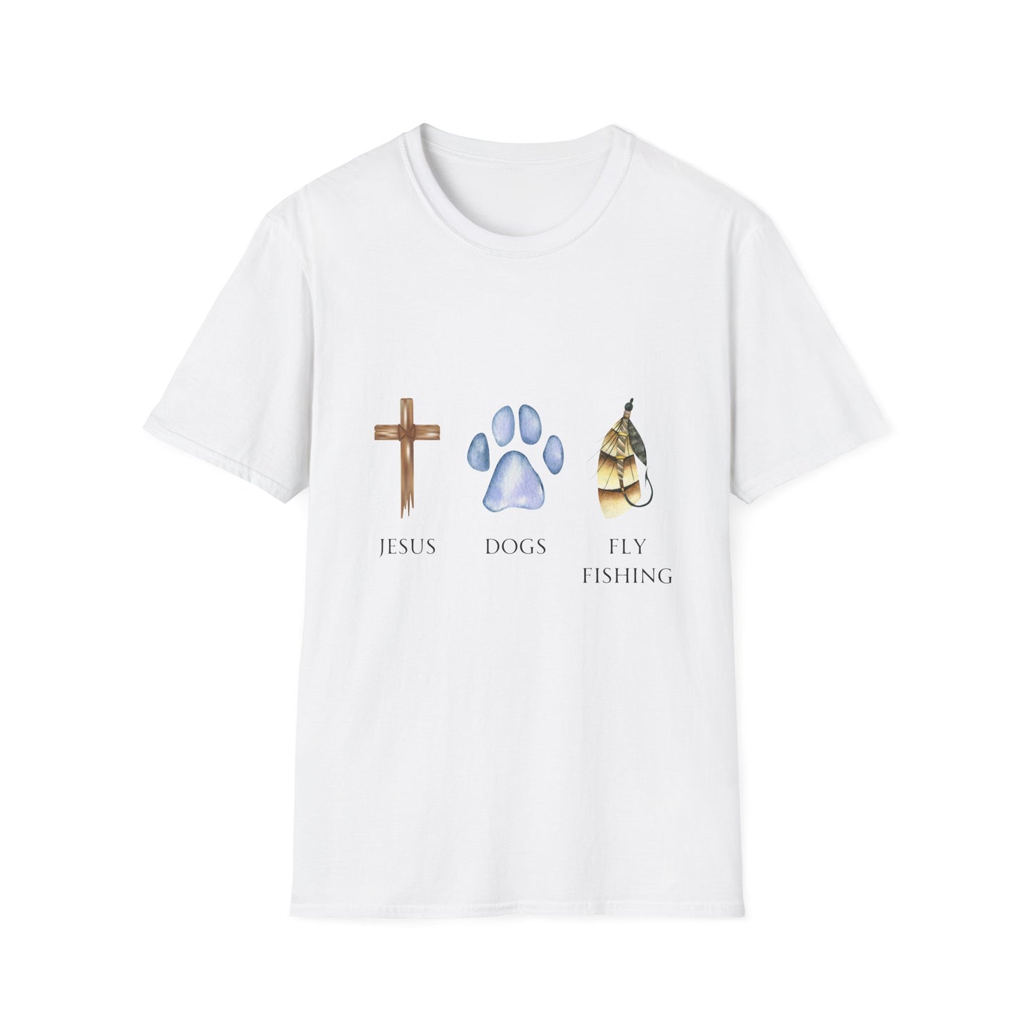 Jesus, Dogs & Fly Fishing Gildan Unisex T-Shirt, Christian Dog Lover Shirt, Faith & Dogs Graphic Tee, Gift for Dog Moms & Dog Dads