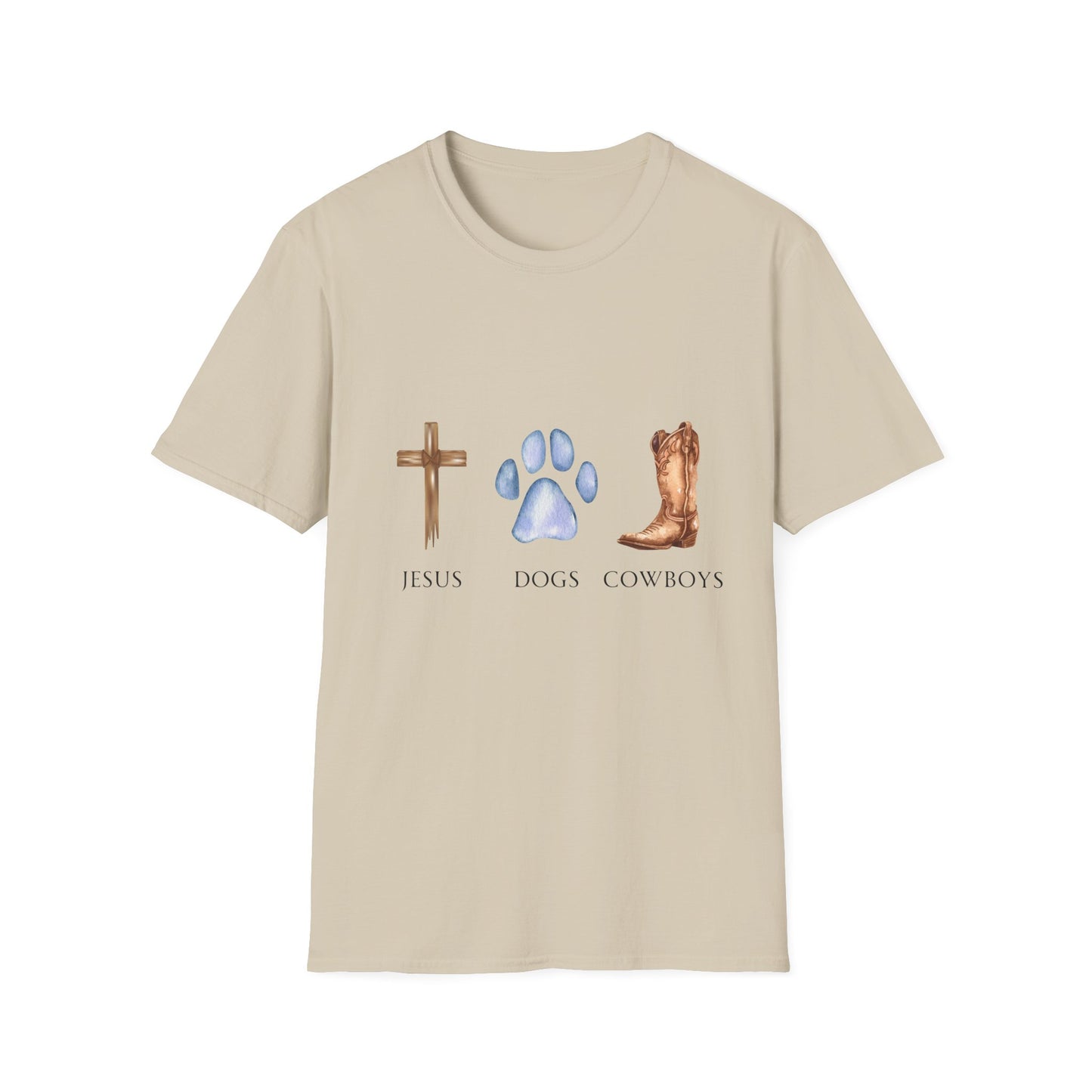 Jesus, Dogs & Cowboys Gildan Unisex T-Shirt, Christian Dog Lover Shirt, Faith & Dogs Graphic Tee, Gift for Dog Moms & Dog Dads