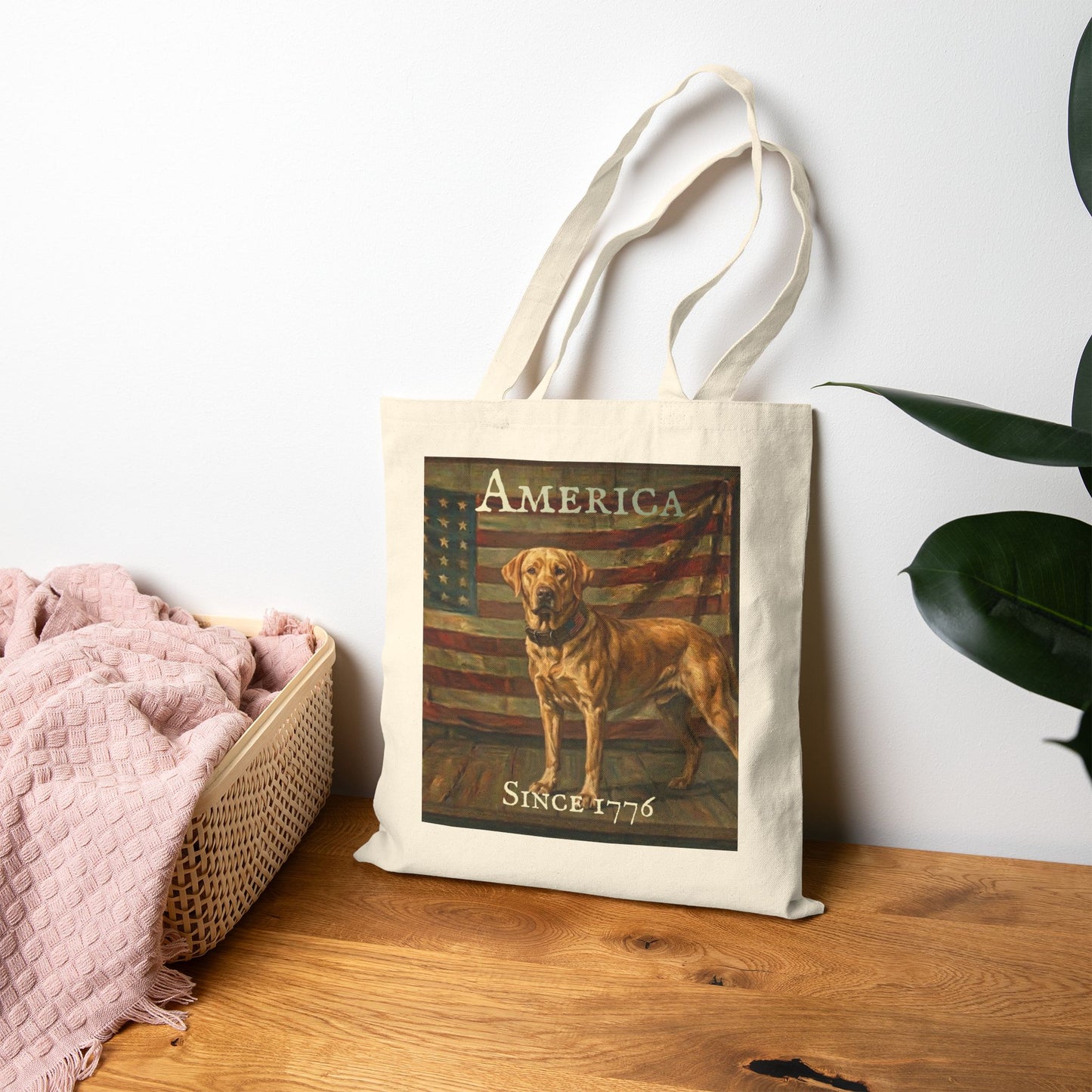 Tote Bag - 'America Since 1776' Patriotic American Flag & Dog Canvas Tote - Yellow Labrador Retriever