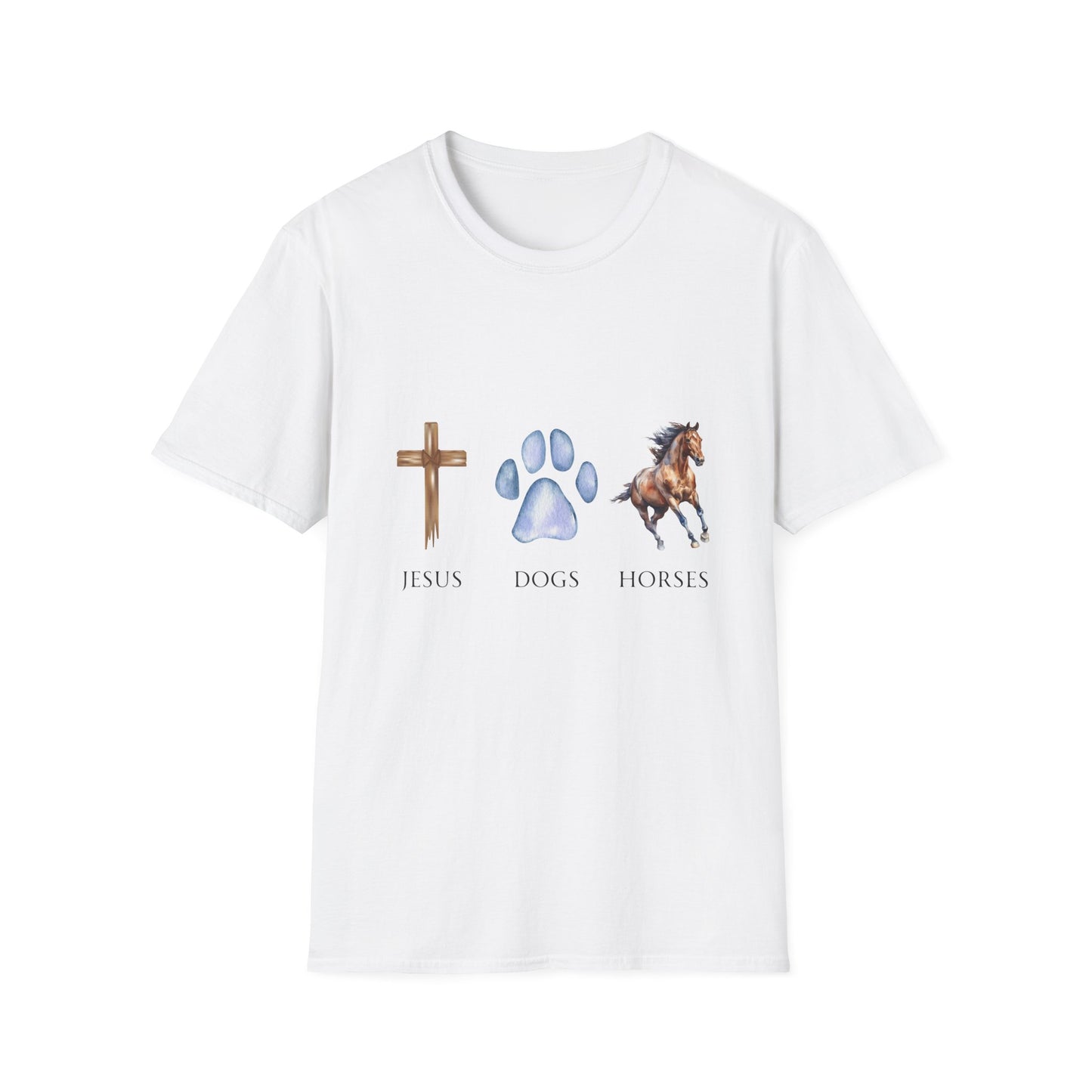 Jesus, Dogs & Horses Gildan Unisex T-Shirt, Christian Dog Lover Shirt, Faith & Dogs Graphic Tee, Gift for Dog Moms & Dog Dads