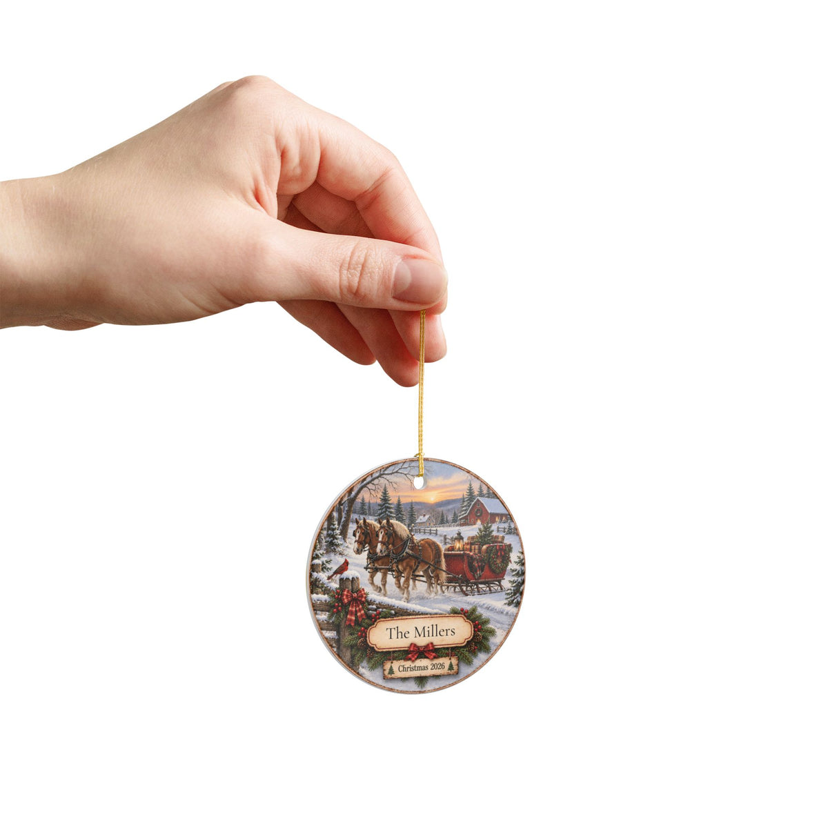 Personalized Horse-Drawn Sleigh Christmas Ornament | Family Name Ornament | Nostalgic Christmas Keepsake