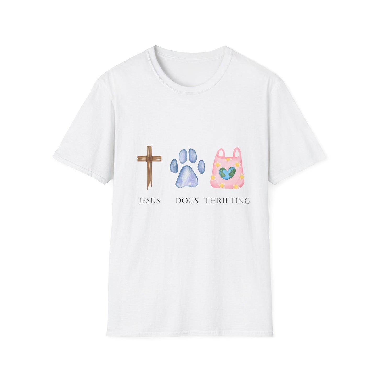 Jesus, Dogs & Thrifting Gildan Unisex T-Shirt, Christian Dog Lover Shirt, Faith & Dogs Graphic Tee, Gift for Dog Moms & Dog Dads