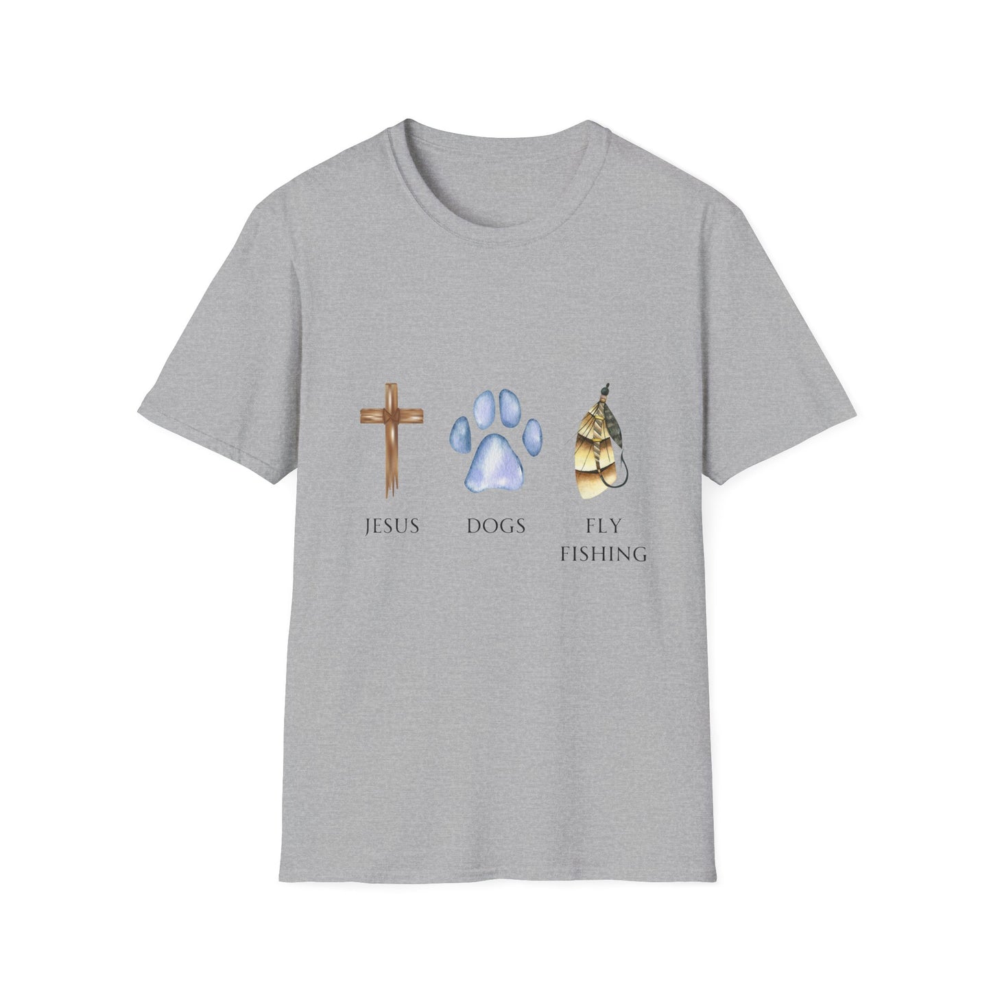 Jesus, Dogs & Fly Fishing Gildan Unisex T-Shirt, Christian Dog Lover Shirt, Faith & Dogs Graphic Tee, Gift for Dog Moms & Dog Dads