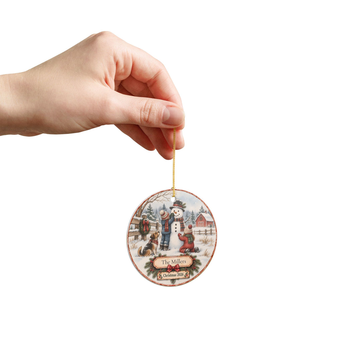 Personalized Family Christmas Ornament | Kids Building a Snowman | Custom Family Name Keepsake