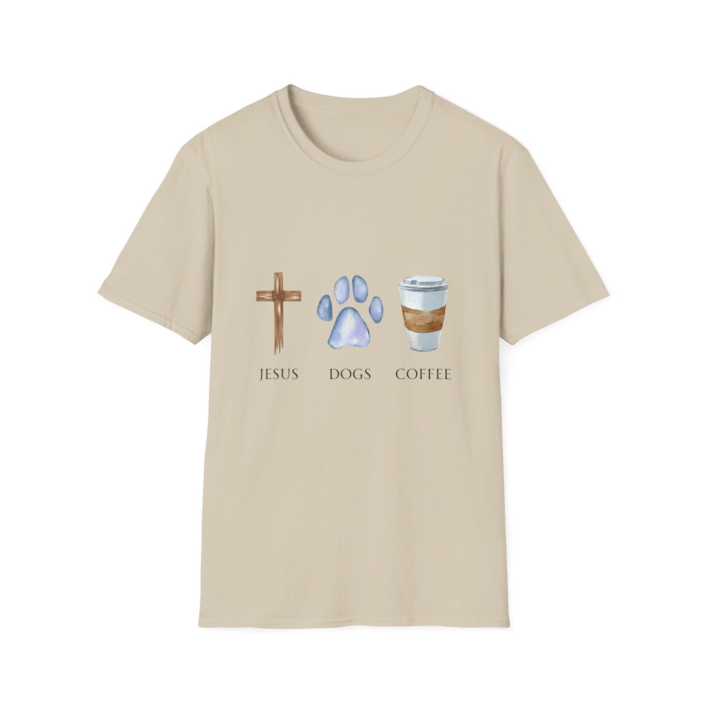 Jesus, Dogs & Coffee Gildan Unisex T-Shirt, Christian Dog Lover Shirt, Faith & Dogs Graphic Tee, Gift for Dog Moms & Dog Dads