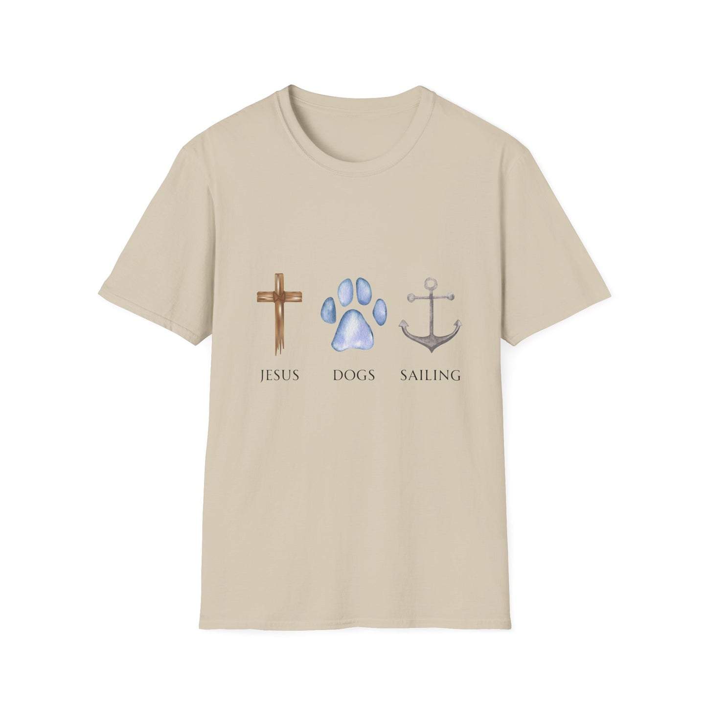 Jesus, Dogs & Sailing Gildan Unisex T-Shirt, Christian Dog Lover Shirt, Faith & Dogs Graphic Tee, Gift for Dog Moms & Dog Dads