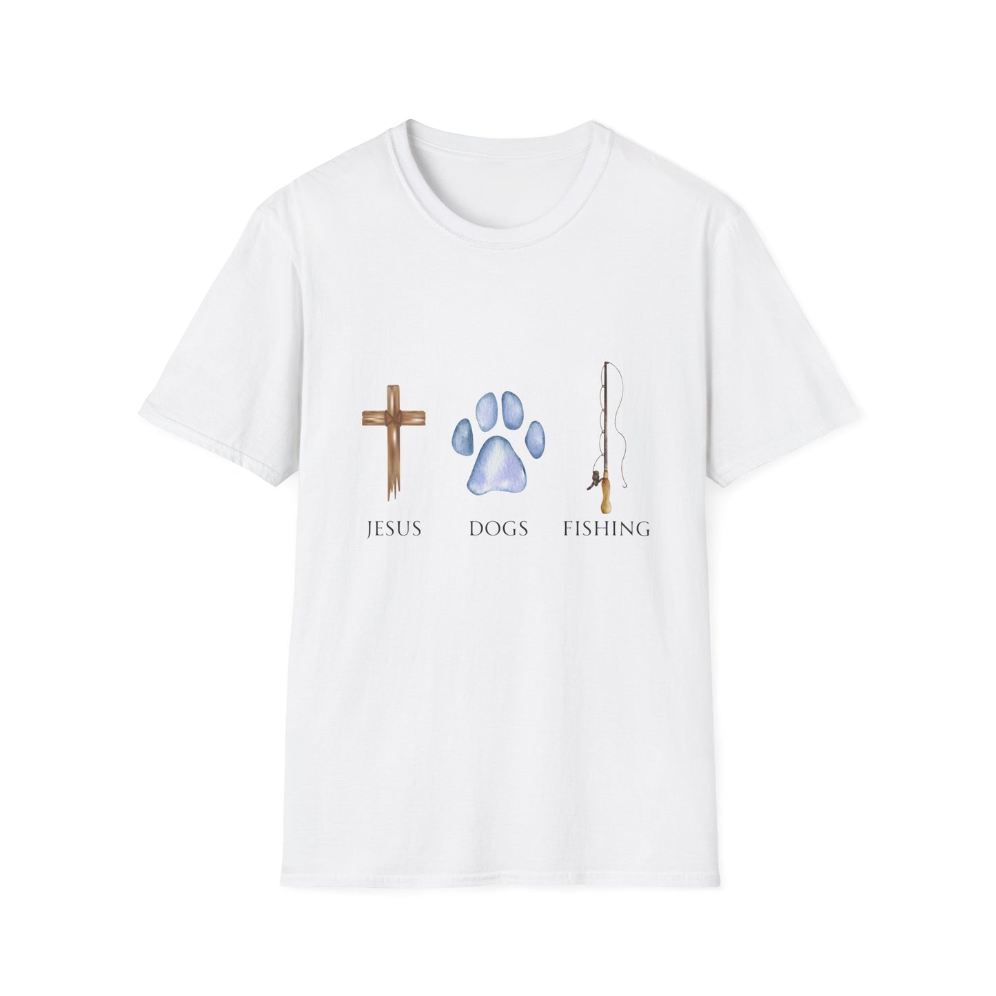 Jesus, Dogs & Fishing Gildan Unisex T-Shirt, Christian Dog Lover Shirt, Faith & Dogs Graphic Tee, Gift for Dog Moms & Dog Dads