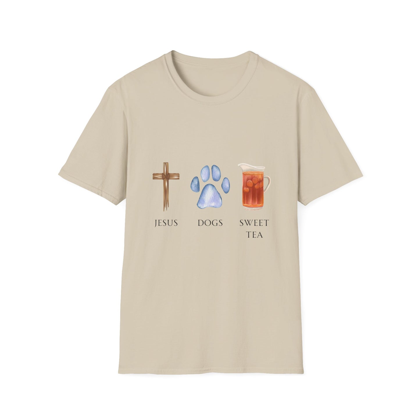 Jesus, Dogs & Sweet Tea Gildan Unisex T-Shirt, Christian Dog Lover Shirt, Faith & Dogs Graphic Tee, Gift for Dog Moms & Dog Dads
